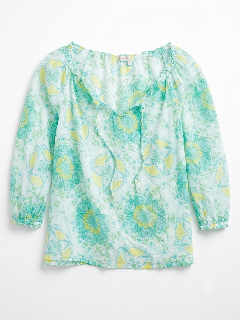 Fresh Produce XS Blouse Cotton Green Yellow Medallion Boho Resort Tie V-Neck EUC